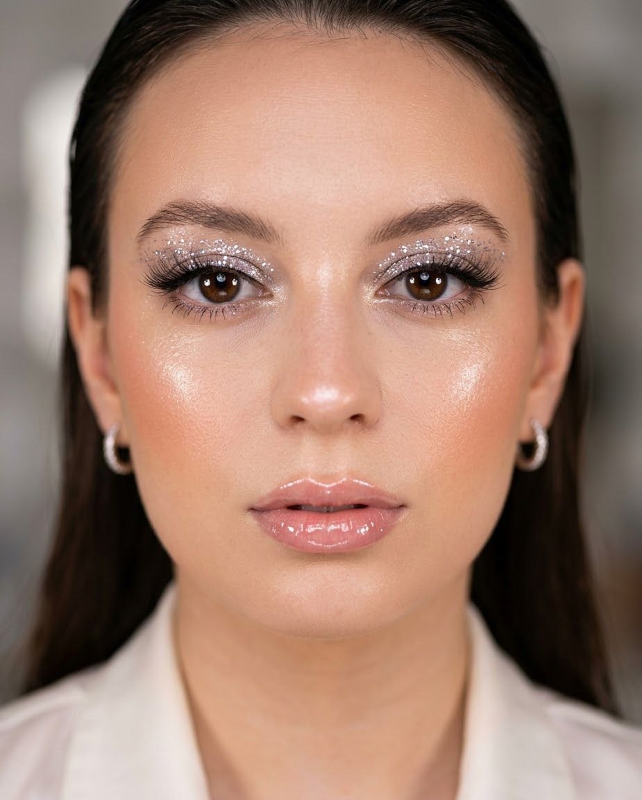 Regard maquillé avec paillettes et mascara volumineux